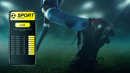 Smartphone screen with mobile app for betting and score. Device with match results on screen,...
