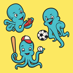 octopus playing games, ball and baseball animal logo mascot illustration pack