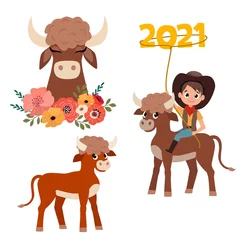 Foto op geborsteld aluminium Aap Set stickers voor het nieuwe jaar 2021. Schattig kalf en jongen, stier met bloemen. Jaar van de stier. Vector illustratie.