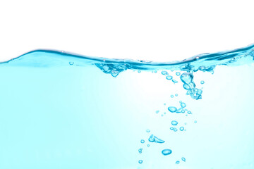 Water wave splash clean blue and bubbles isolated on white water background with copy space