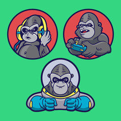 gorilla listen to music, play games and become an astronaut animal logo mascot illustration pack