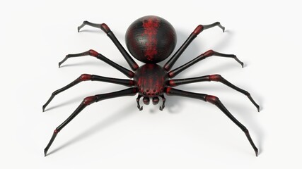 black spider with red skin details. suitable for horror, halloween, arachnid and insect themes. 3D illustration with white background.