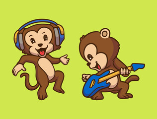 Obraz premium cartoon animal design monkey listening to music and playing guitar cute mascot illustration
