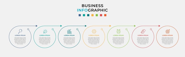Business Infographic design template Vector with icons and 7 seven options or steps. Can be used for process diagram, presentations, workflow layout, banner, flow chart, info graph