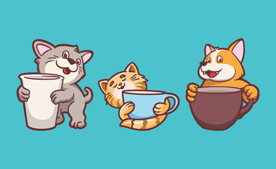cartoon animal design cats and dogs holding drinking cups cute mascot illustration