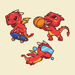 cartoon animal design dragons skateboarding, basketball and swimming cute mascot illustration