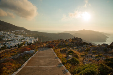 View over cliff town Folegandros from the path leading to the church above the town at Folegandros island, Greece