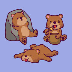cartoon animal design grizly leaned against the rock, ate honey and slept cute mascot illustration