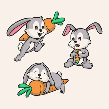 cartoon animal design Rabbit carrying carrots, eating carrots and sleeping cute mascot illustration