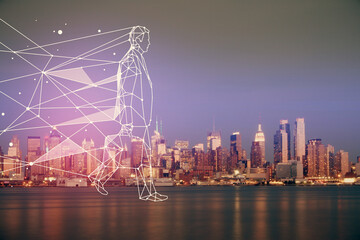 Obraz na płótnie Canvas Double exposure of start up theme drawings over cityscape background. Concept of success.