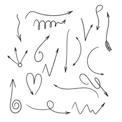 Hand drawn vector arrows set. Doodle arrows pack on white background. Creativity and business project.