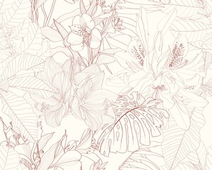 Exotic beige brown line tropical leaves and flowers on beige background. Floral seamless pattern. Tropical illustration. Summer beach design. Paradise nature.	 - 389886258