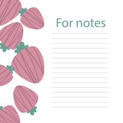 Cookbook page vector template. A place to write recipes. Vector illustration. Fruit. Strawberries in a cartoon style