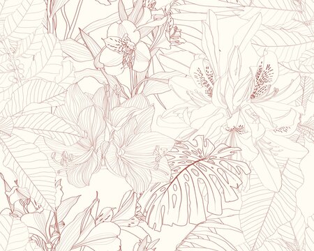 Exotic beige brown line tropical leaves and flowers on beige background. Floral seamless pattern. Tropical illustration. Summer beach design. Paradise nature.	