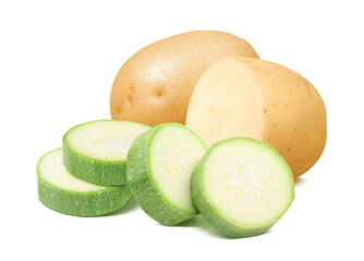 Raw potato and sliced green squash isolated on white background