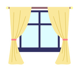 Illustration of living room window with yellow curtains and dark blue window frame and windowsill vector illustration. Inside view of the interior apartment with daylight , curtains hang on a cornice