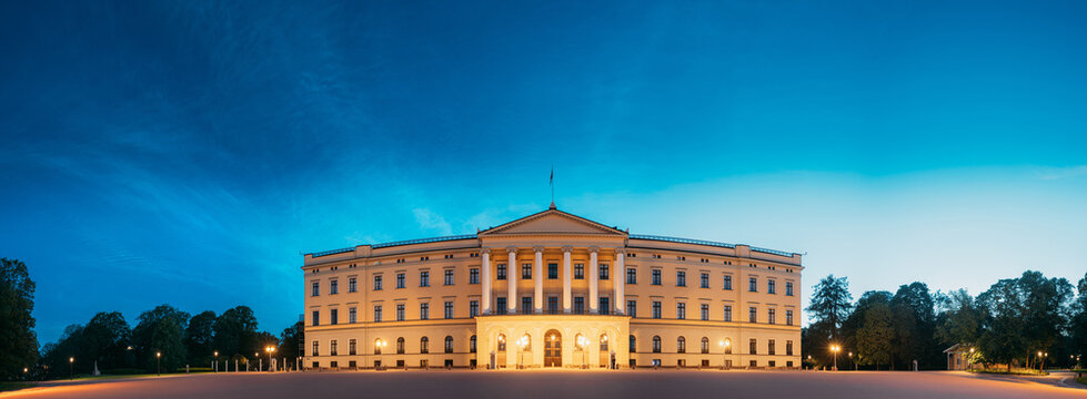 Oslo, Norway. Royal Palace - Det Kongelige Slott In Summer Evening. Night View Of Famous And Popular Place. Panorama, Panoramic View