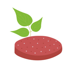 Plant based meat. Meatless product and green leaves isolated on white background. Vegan concept. Organic natural vegetarian food. Vector flat illustration.