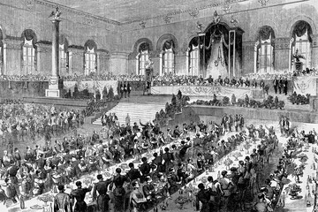 Banquet given to the officers of the Crimean army in the Great Riding School, Moscow, Russia. 1856. Antique illustration. 1867.