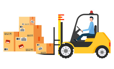 Forklift machine with man driver load and unload packages. Powered industrial truck used to lift and move containers on storehouse. Many cardboard boxes in warehouse. Vector illustration in flat style