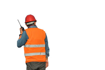 The ma worker Hand holding walkie-talkie isolated on white background with clipping paths.