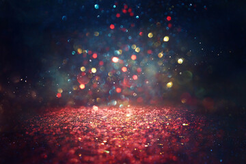 background of abstract red, blue, gold and black glitter lights. defocused