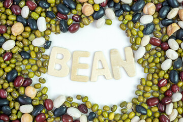 Organic mixed Beans; Green, Black, Red, White and Chick pea on plate