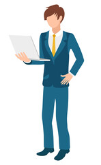 Businessman using laptop vector, isolated character wearing suit and tie. Formal representative of company with device gadget. Entrepreneur working