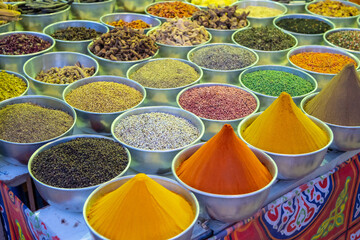 Colorful species market in a bazaar in a Nubian village along the Nile river and near the city...