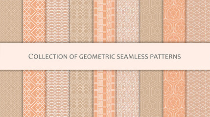 A collection of seamless geometric ornamental patterns in curly pastel colors - ocher, orange, sand, red.