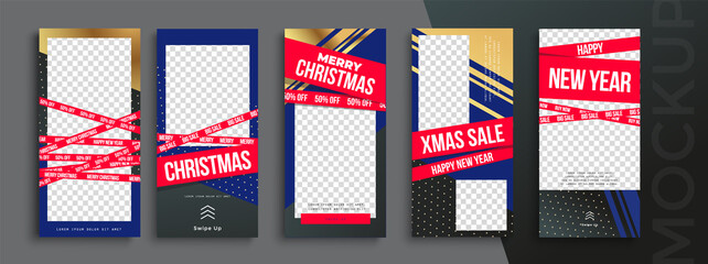 Editable Christmas and New Year stories vector template for social media. Instagram	
