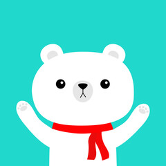 White polar bear in red scarf waving hand. Merry Christmas. Hello winter. Cute cartoon kawaii baby character. Happy New Year. Arctic animal face head. Flat design. Blue background.