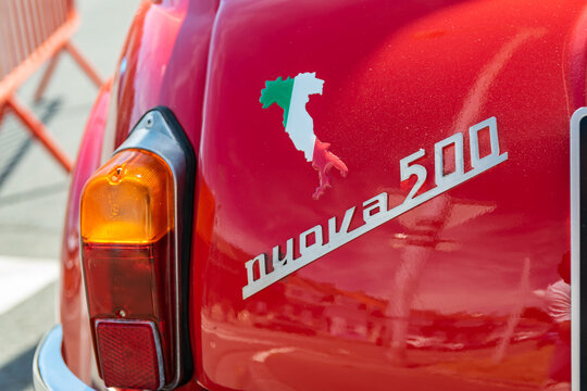 Wattrelos,FRANCE-June 02,2019: view of the brand and the logo of the old Fiat 500 Nuova,car exhibited at the 7th Retro Car Festival at the Renault Wattrelos ZI Martinoire parking lot.