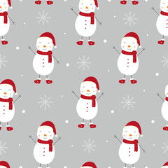 Christmas seamless pattern With snowmen and snowflakes on a gray background Hand drawn design in cartoon style, use for print, celebration wallpaper, fabric, textile. Vector illustration