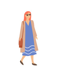 Woman in long blue dress and coat, in sunglasses and sack isolated cartoon character. Vector pretty female on walk, summer or spring fashion cloth