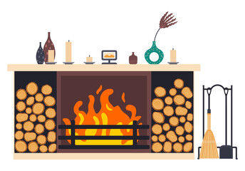Fireplace icon isolated. Comfortable cozy warm fireplace flame bright winter decoration interior. Vector illustration flat style firewood stacked sideways, decorative elements stand on top of a shelf