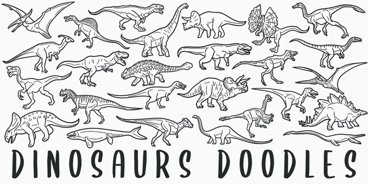 Dinosaurs doodle icon set. Prehistoric Animals Vector illustration collection. Banner Hand drawn Line art style.