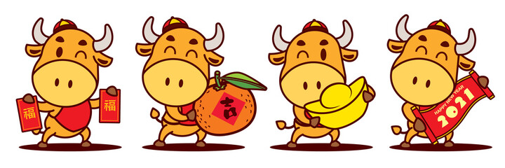 Happy Chinese New Year 2021. Cartoon cute Ox character set holding Red Packet, Tangerine Orange, Gold Ingot and Scroll couplet. The year of the Ox. Translation: lucky  - Flat art vector