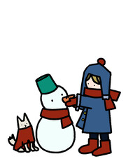 雪が積もった寒い日に雪だるまを作る少年と、それを見守る犬のかわいい手描きイラスト