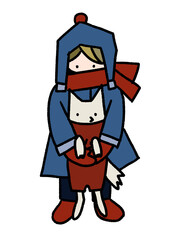 雪が積もった寒い日に子犬を抱き上げる少年の、かわいい手描きイラスト