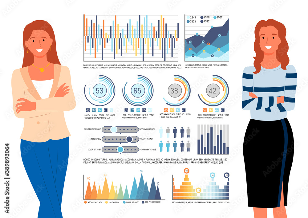 Poster data in charts and infocharts vector, women working in team, colleagues standing by info analytics o