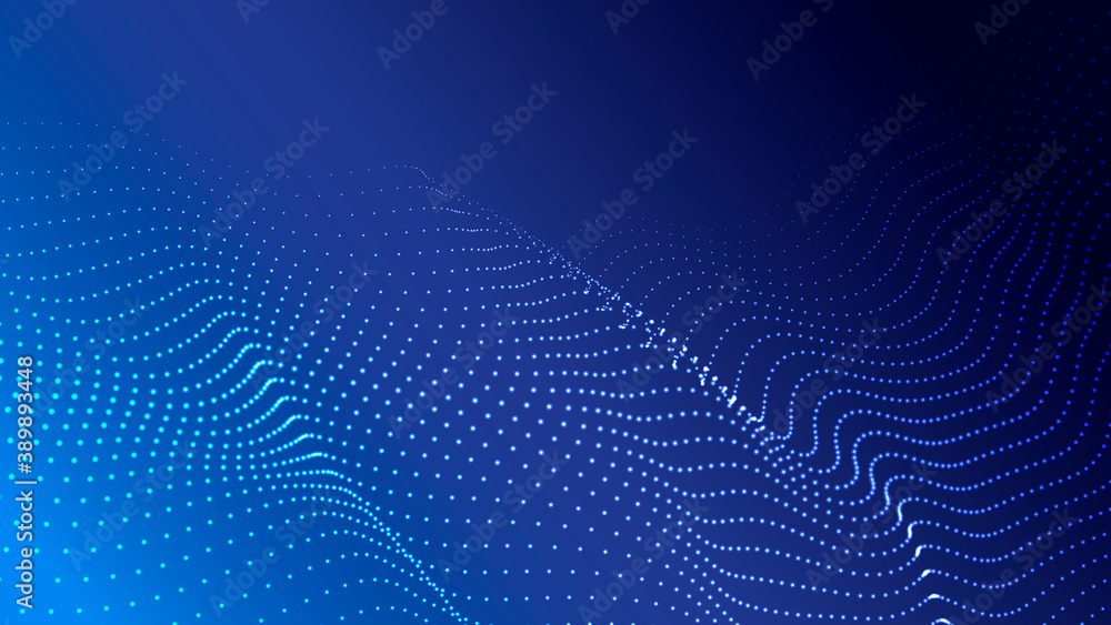 Poster wave of particles on dark background. technology backdrop. pattern for presentations. vector illustr