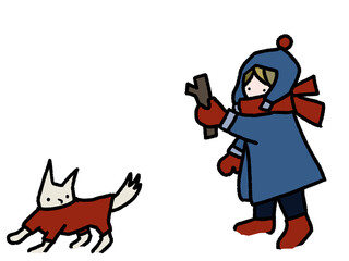 雪が積もった寒い日に犬と取ってこい遊びをする少年の、かわいい手描きイラスト(積雪感あり)