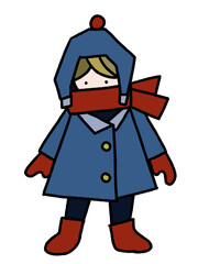 雪が積もった日に、暖かいコートとマフラー、帽子を着けて外にいる少年の手描きイラスト