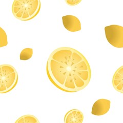 Seamless background of whole and sliced lemons. Vector illustration isolated on white background.