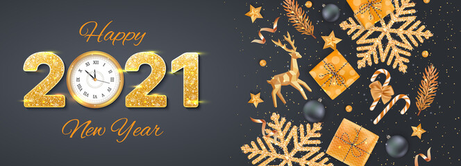 Fototapeta na wymiar 2021 Happy New Year. Golden Numbers with sequins and wall clock. Banner, flyer, card with golden snowflakes with confetti, gift boxes, wall clock, fir branches, deer, balls, stars.