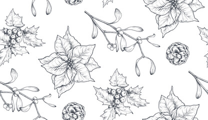 Vector seamless pattern with Christmas floral elements, plants, branches, pine cones, poinsettia