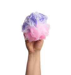 female hand holding a round soft synthetic washcloth,