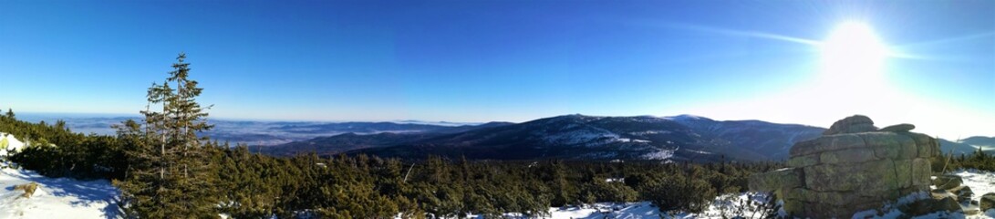 view of Poland and Bohemia from the heart of the Giant Mountains on a sunny winter day