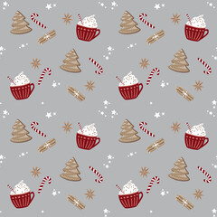 Seamless Christmas pattern. Vector set of holiday icons: Christmas ornaments, gingerbread cookies and cozy mug. Scandinavian style hand drawing.